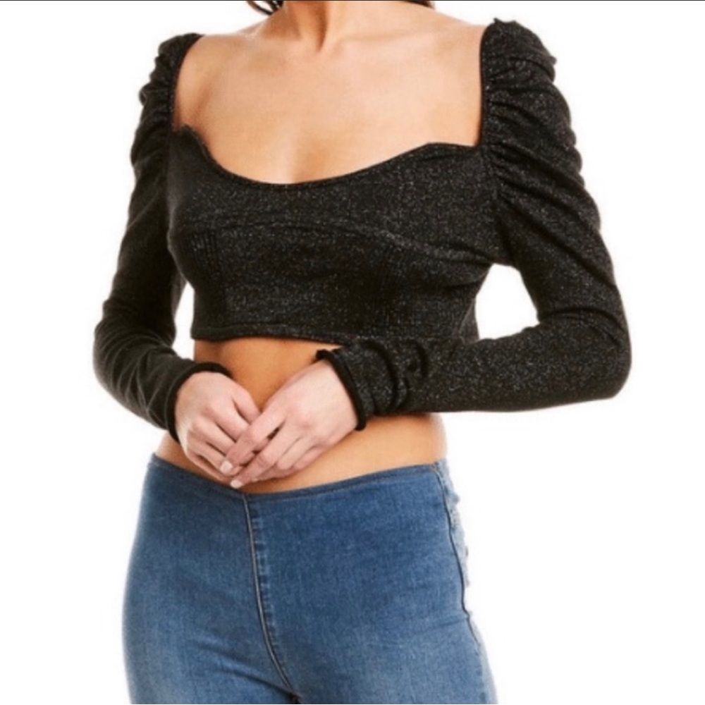 leRumi 80’s Metallic Gunmetal Black Sweetheart Long Sleeve Crop Sweater XS NWT